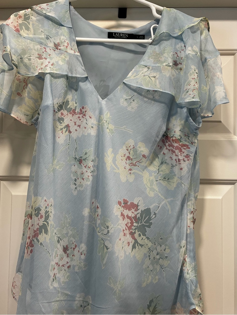 Ralph Lauren Light Blue Floral V-Neck Ruffle-Sleeve Blouse